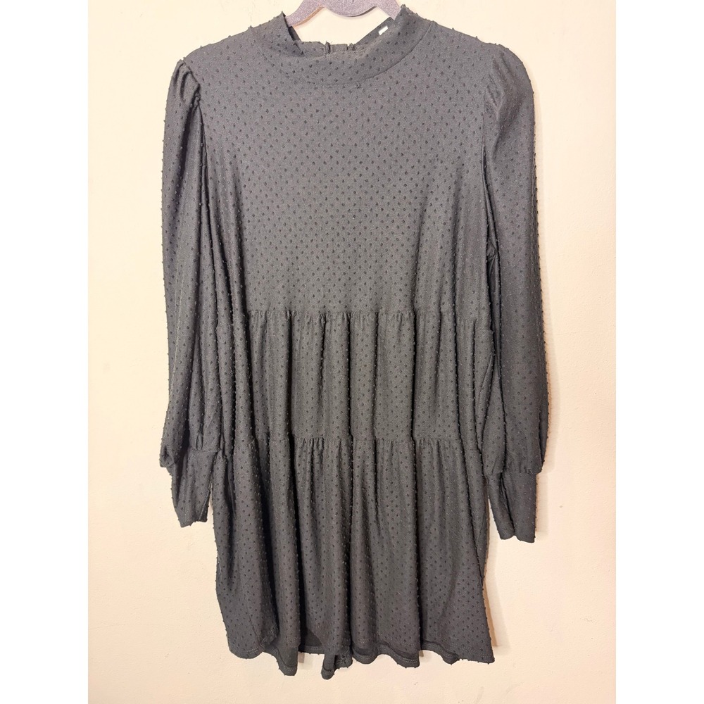 Böhme Babydoll Dress Womens Large Black Swiss Dot Tiered Mock Neck Long Sleeve